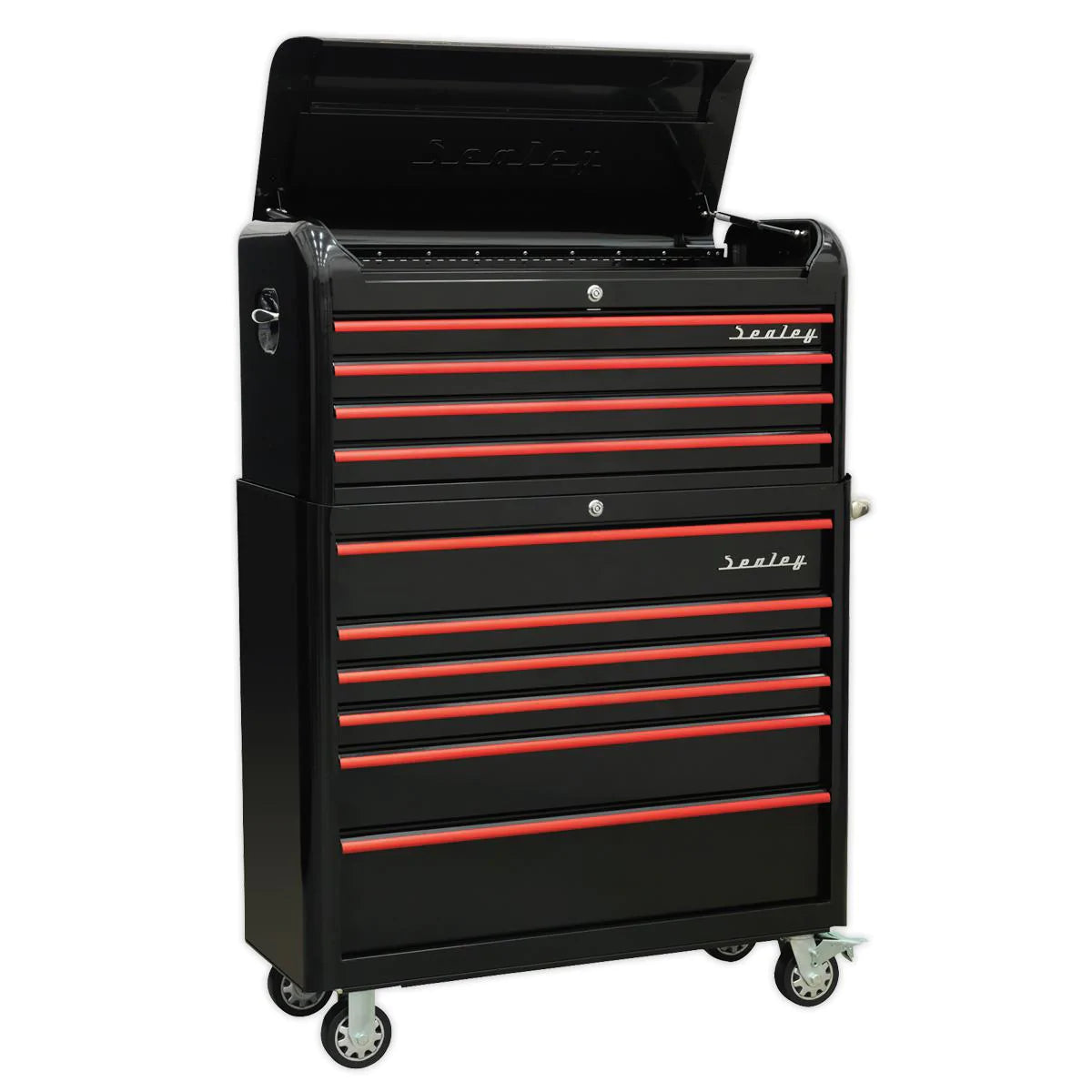 Retro Style Extra-Wide Topchest & Rollcab Combination 10 Drawer-Black with Red Anodised Drawer Pull