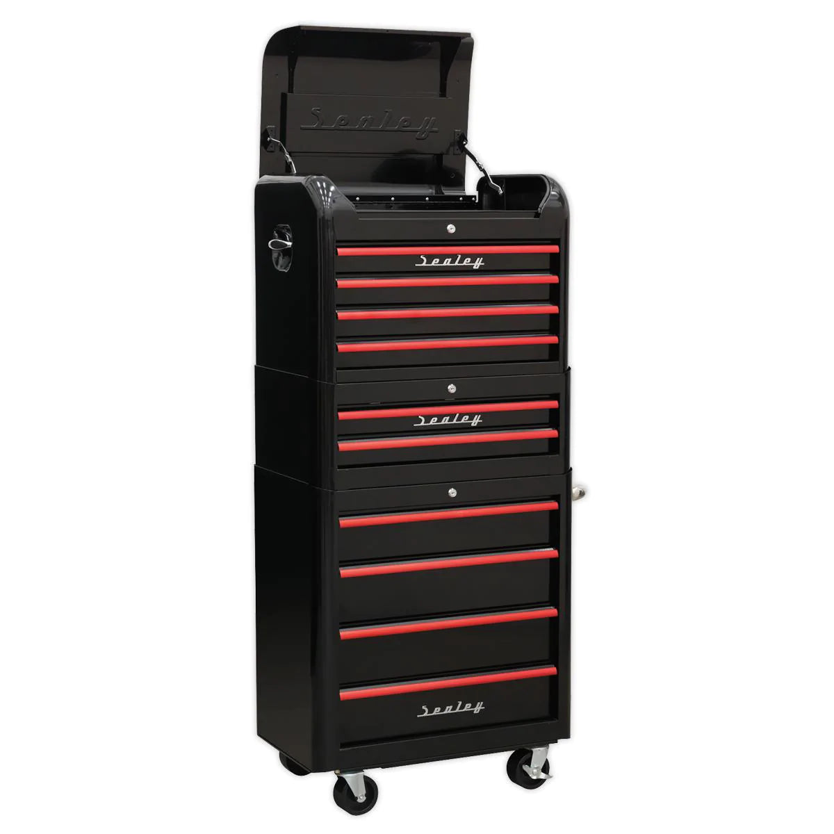 Retro Style Topchest, Mid-Box & Rollcab Combination 10 Drawer - Black with Red Anodised Drawer Pulls