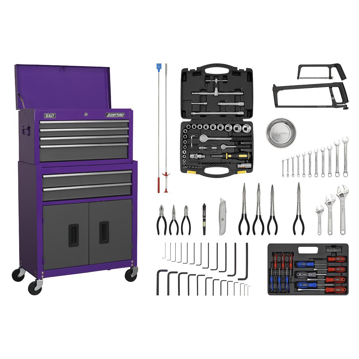 Topchest & Rollcab Combination 6 Drawer with Ball-Bearing Slides - Purple/Grey & 128pc Tool Kit